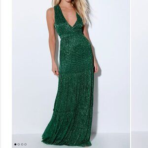 Lulu's Falling Star Teal Green Sleeveless Textured Knit Metallic Maxi Dress Sz L